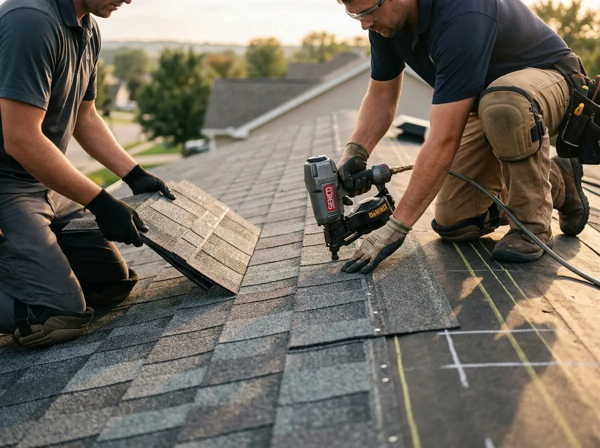 Professional roofer working on a residential roof in Clarinda